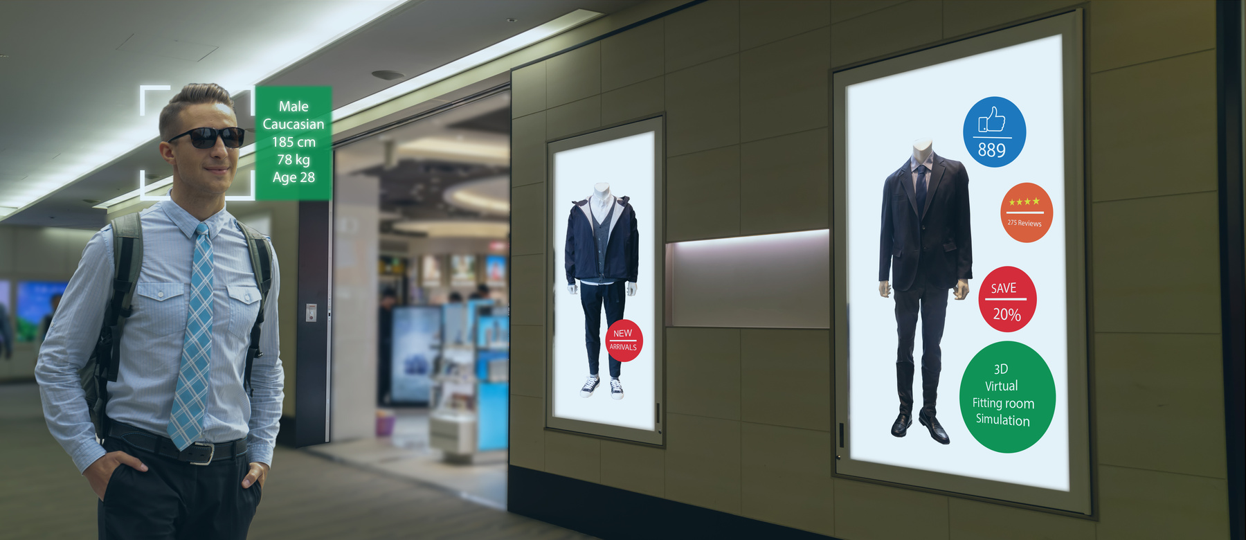 iot machine learning with human , object recognition which use artificial intelligence to analytic concept, it invents to prediction the customer needed with augmented reality on the digital Signage